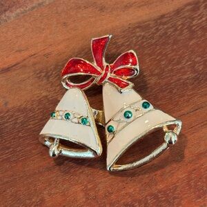 Christmas Brooch Pin Vintage Trembler Art Deco SFJ Bells White Red Green Enamel